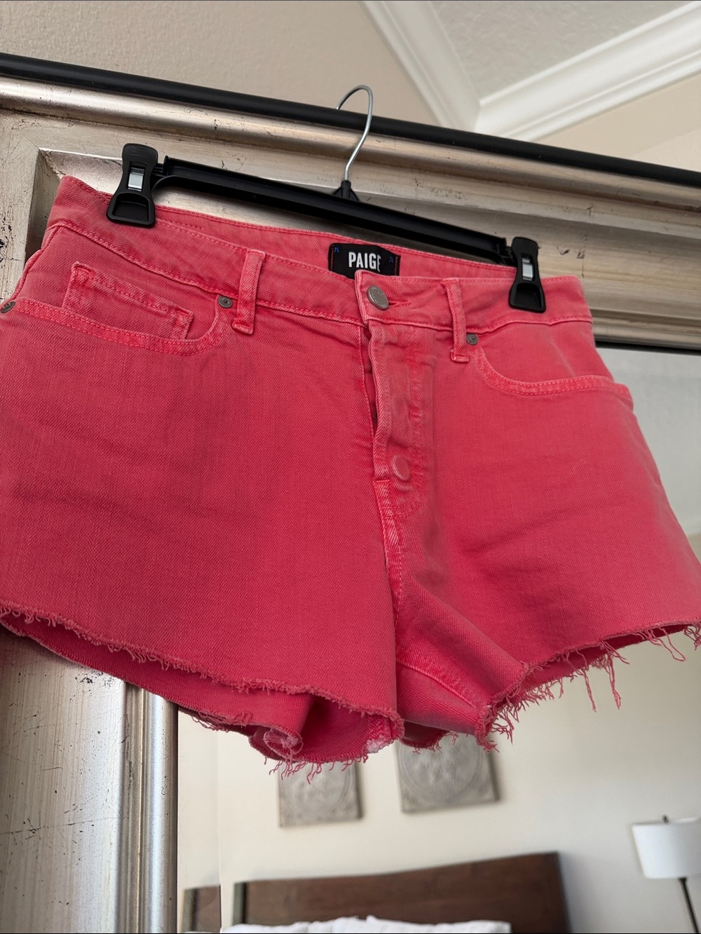 PAIGE Coral Pink Cutoff Denim Shorts